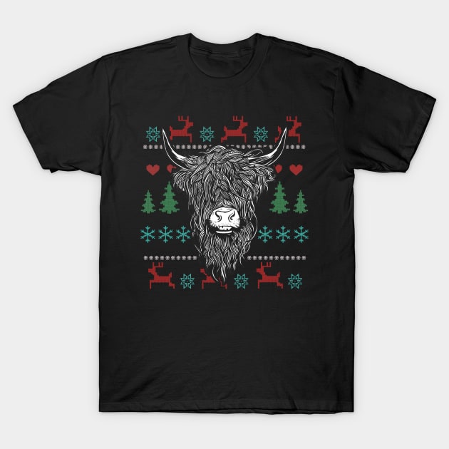 Ugly Christmas Highland Cow T-Shirt by Shiva121